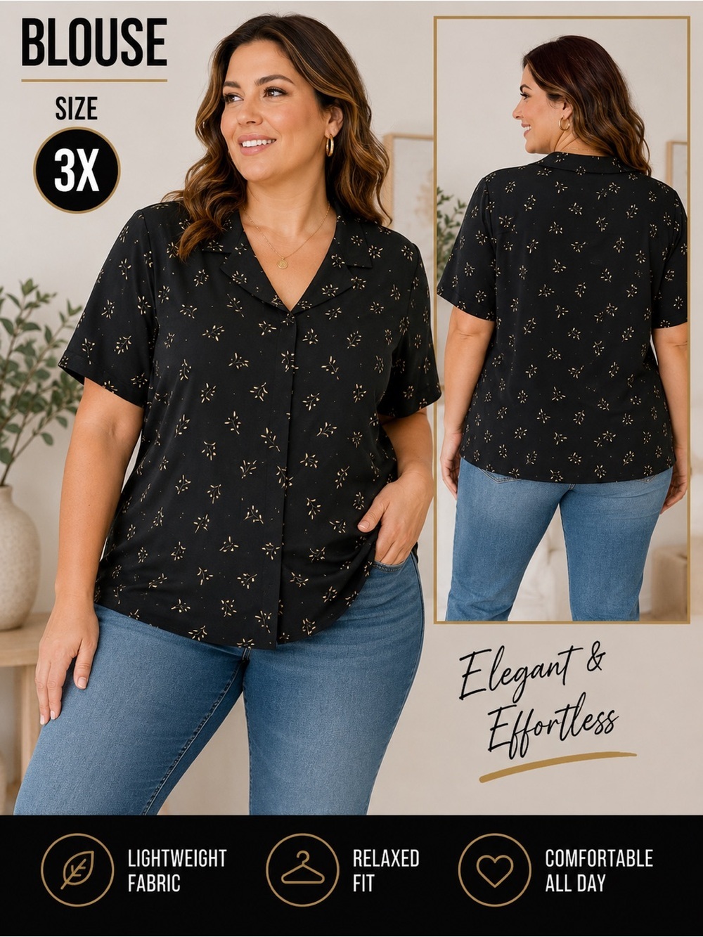 MAGGIE Black Floral Short-Sleeve Button Front Blouse 3X
